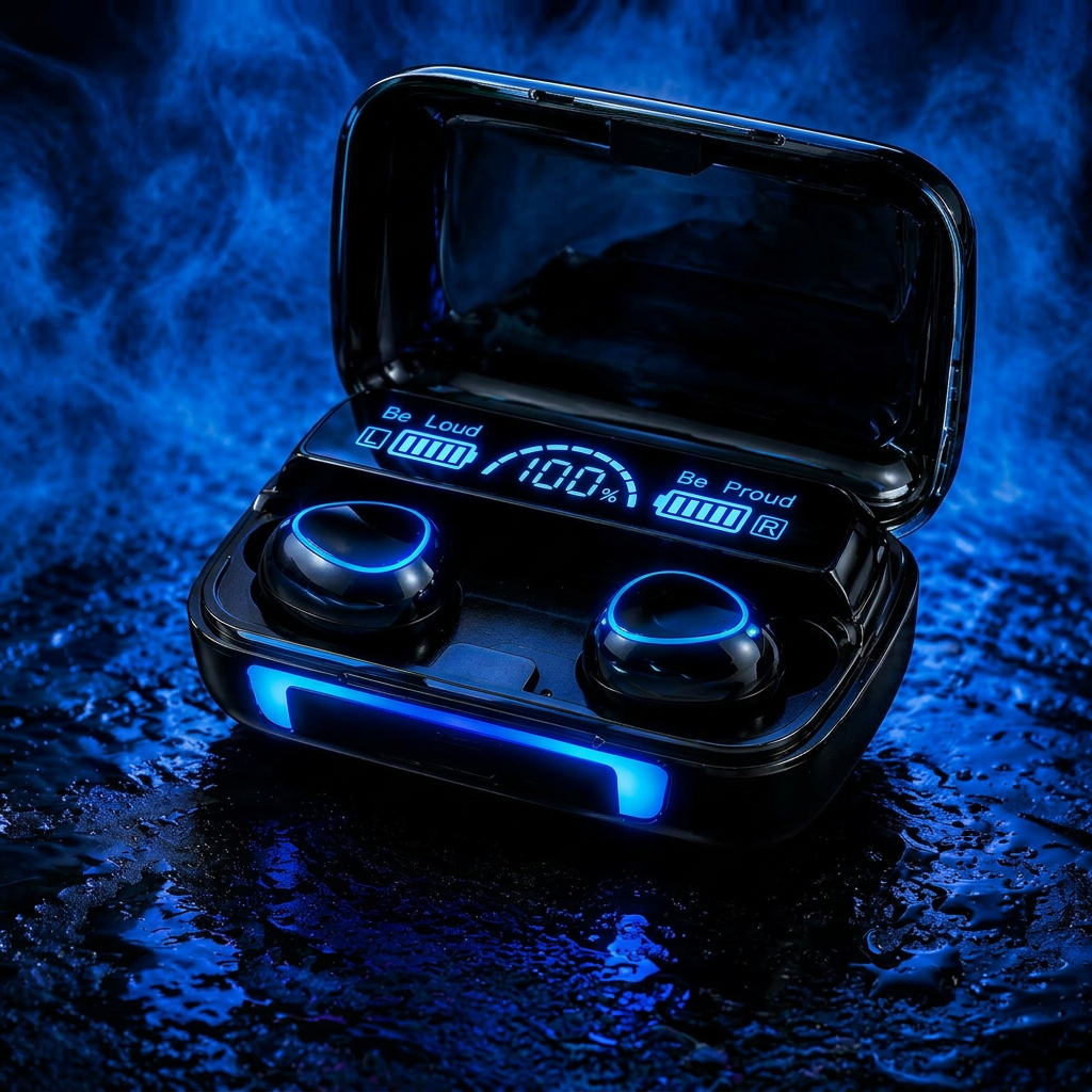 M10 RGB Wireless Gaming Earbuds with blue LED glow